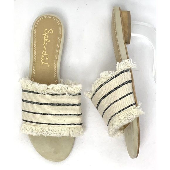 Splendid Baldwyn Ivory & Gray Striped Fringe Slides Size 6 Sandals Open Toe - Picture 7 of 12